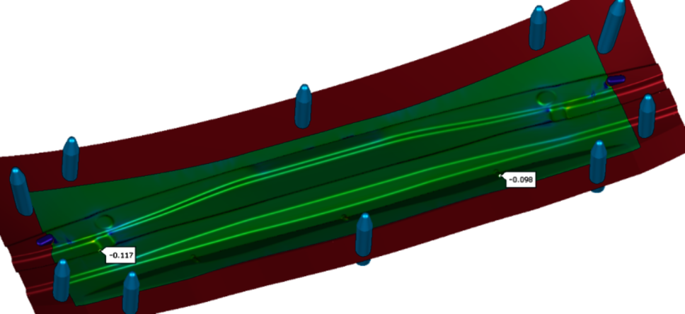 Digitale Blechumformsimulation eines Seitenaufprallträgers zur Validierung der Umformmethodik. Die Simulation zeigt Materialflüsse, Spannungsverteilungen und kritische Bereiche für eine optimierte Bauteilfertigung.