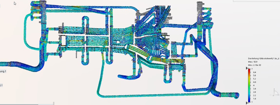 Computational-Fluid-Dynamics (CFD)-Simulation eines Kühlkonzepts für ein Umformwerkzeug. Die Visualisierung zeigt die Strömungsverteilung innerhalb der Kühlkanäle, um die thermische Effizienz zu maximieren und Hotspots zu vermeiden.